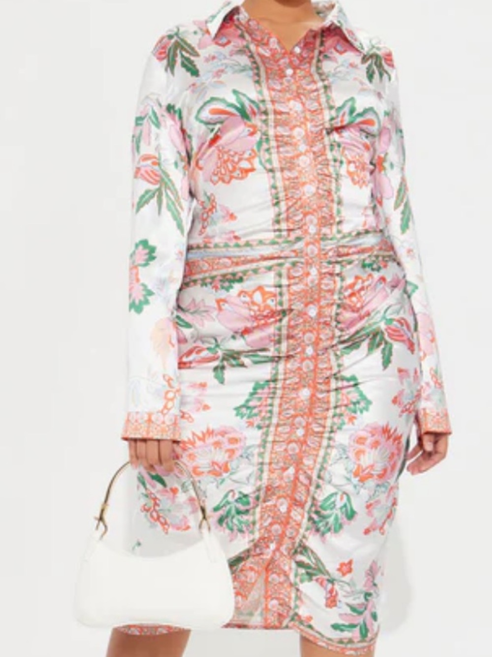 Floral Print Pink & Green Button-Front Shirt Dress